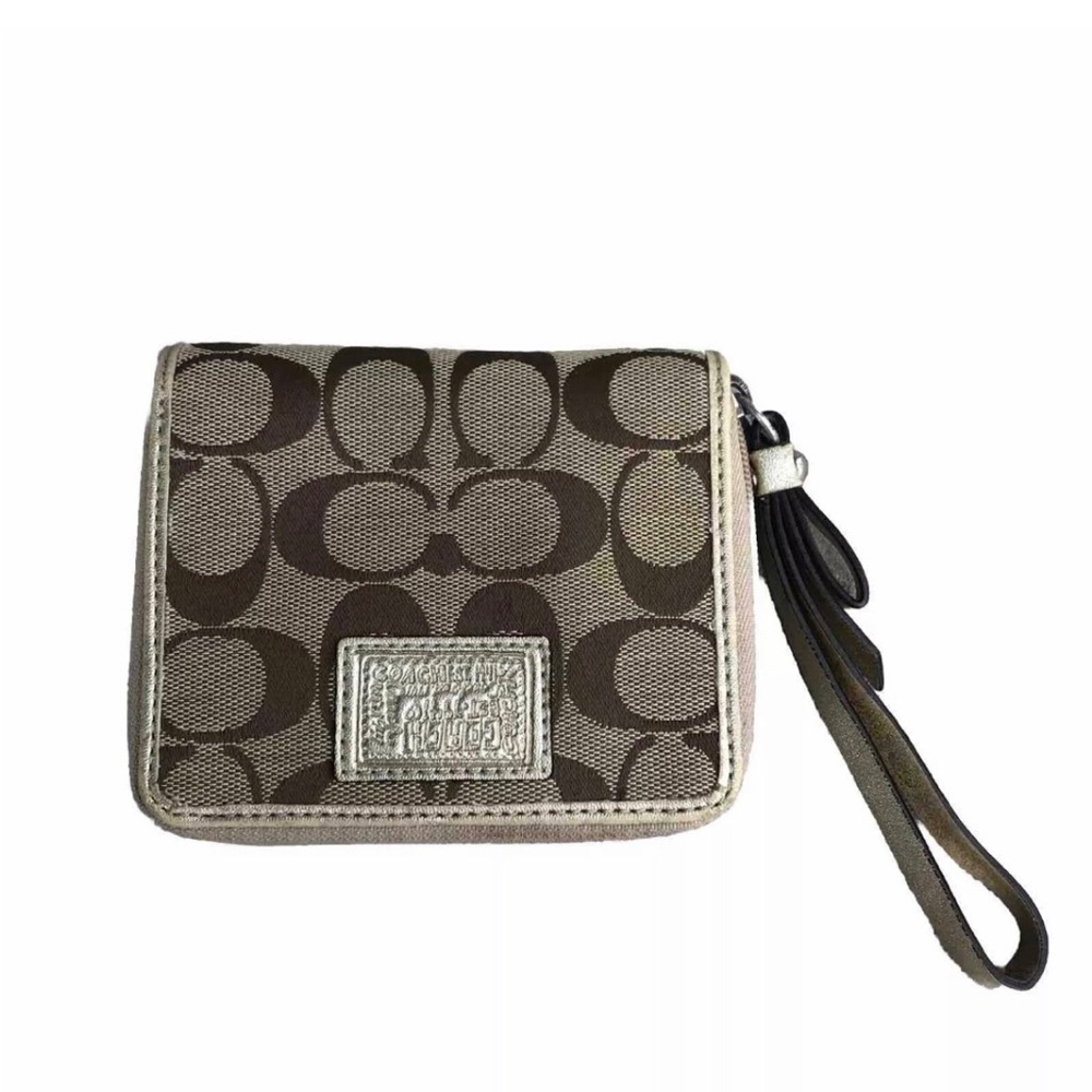 Coach Brown Gold Logo Zip Around Wallet.